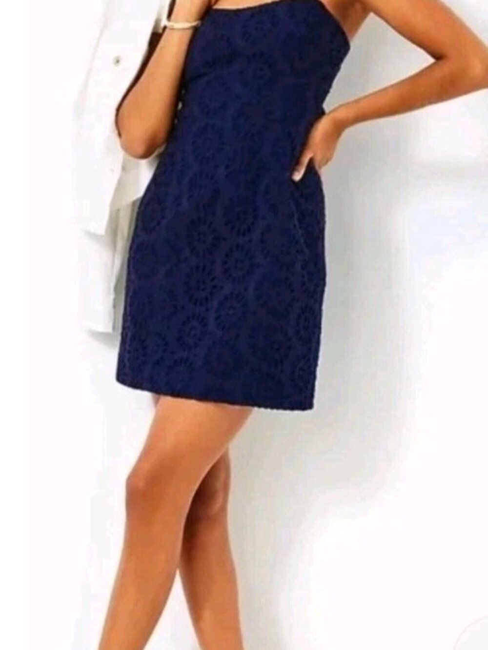 Lilly Pulitzer McCallum Dress Charleston Eyelet True Navy Sz 10 Tie Back
